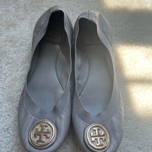 Tory Burch Gray Flats with Logo Medallion
